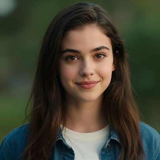 Photograph of a young woman with long brown hair, brown eyes, light skin, wearing a denim jacket over a white shirt, smiling softly, with
