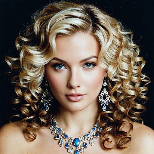 Blonde Woman with Curly Hair and Blue Jewelry