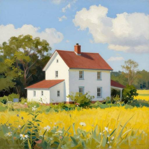 Photorealistic painting of a white, two-story house with red roof, surrounded by vibrant yellow wildflowers and lush greenery, under a bright blue
