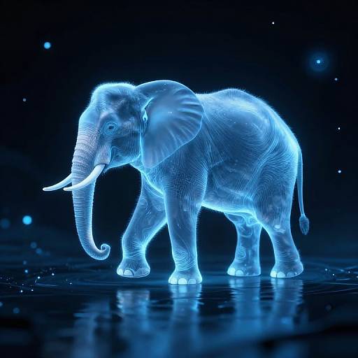 Neon blue digital illustration of a glowing elephant standing on a reflective surface, with dark background and scattered light particles.