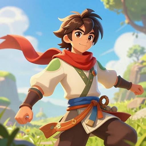 Anime-style illustration of a young male adventurer with dark hair, red scarf, white shirt, green accents, blue sash, and brown pants, standing
