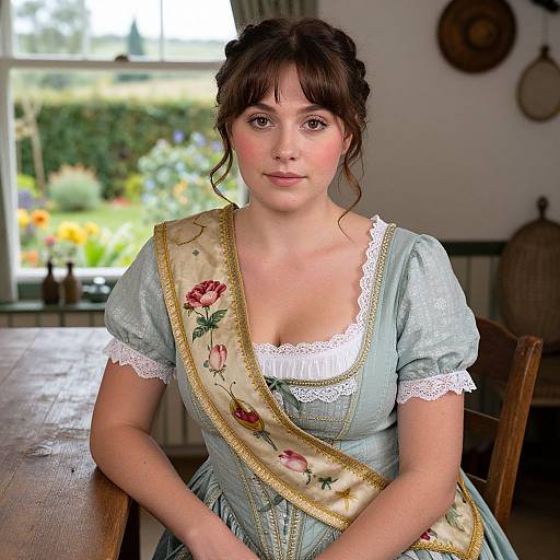 Photograph of a fair-skinned woman with brown hair in a blue, lace-trimmed dress and floral sash, seated in a sunlit