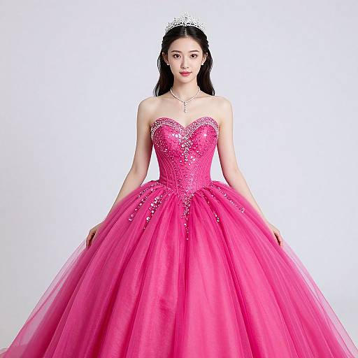 Asian woman in a sparkling pink ball gown with a sweetheart neckline, voluminous tulle skirt, and silver tiara, standing against a white background.