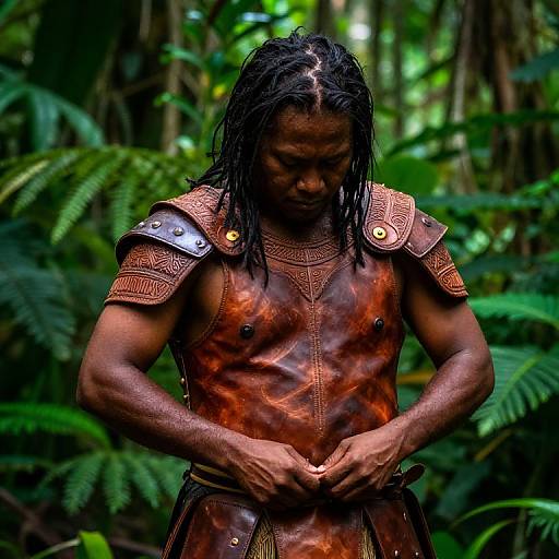 Photograph of a muscular, dark-skinned man with dreadlocks, wearing ornate brown leather armor, standing in a lush, green jungle, focusing