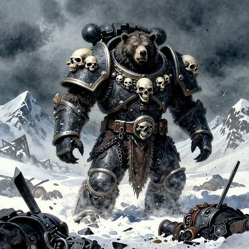 Digital art of a bear-wearing, armored warrior with skull decorations, standing in a snowy mountain battle scene with scattered helmets.