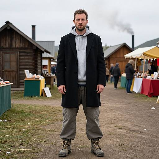Photograph of a bearded man with short brown hair, wearing a black coat, grey hoodie, and grey pants, standing in front of a rustic