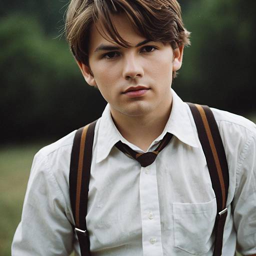 Young Man in White Shirt with Suspenders Outdoors