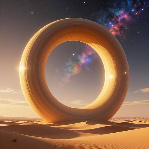 Photorealistic CGI of a glowing, golden ring structure rising from a sandy desert, with a starry, colorful galaxy in the night sky.
