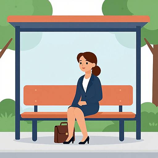 Digital illustration of a brown-haired woman in a navy suit and black heels, sitting on an orange bench at a bus stop, with a brown briefcase