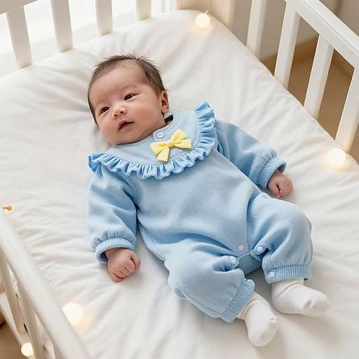 Photograph of an adorable Asian baby with fair skin, dark eyes, and black hair, wearing a light blue ruffled onesie with a yellow bow