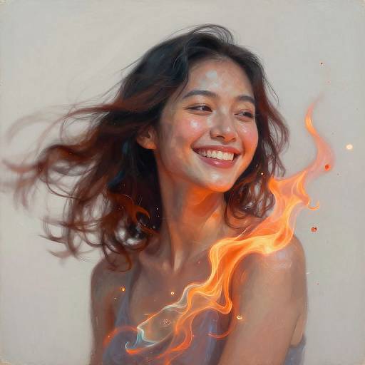 Photograph of a smiling Asian woman with wavy brown hair, glowing skin, and orange fire-like light surrounding her head against a white background.