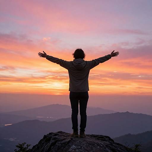 Photograph of a person with outstretched arms, silhouetted against a vibrant orange and pink sunset, standing on a rocky mountain peak.