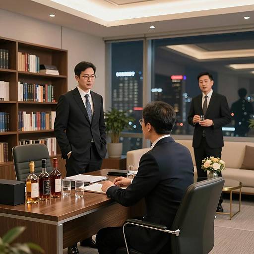 Elegant Nighttime Office Interaction Scene