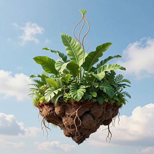 Photograph of a floating chunk of soil with vibrant green tropical plants and roots, suspended in a bright blue sky with fluffy white clouds.