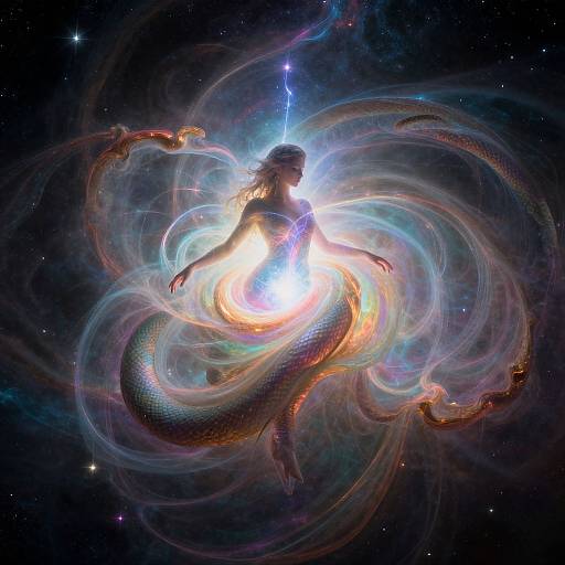 Digital art of a glowing mermaid with a serpentine tail, surrounded by swirling, colorful energy in a starry space background.