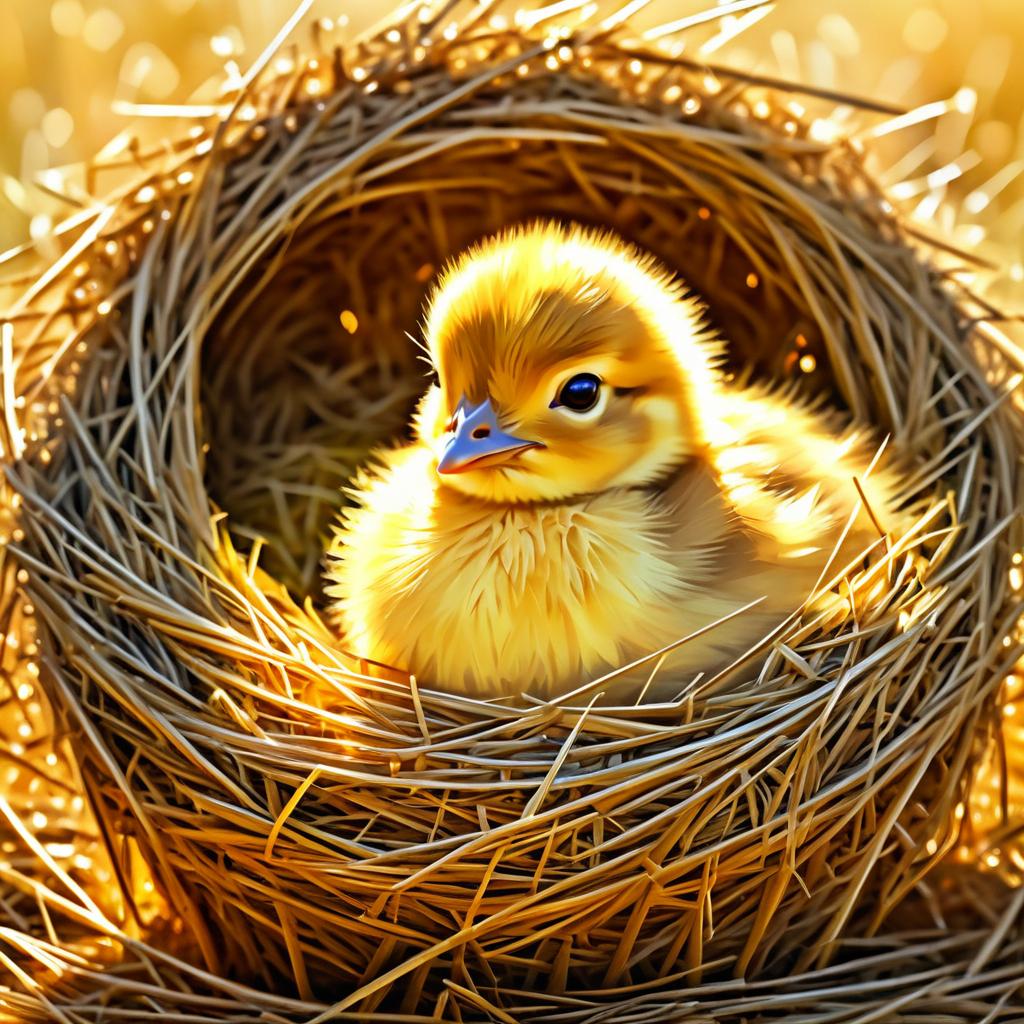 Peaceful Baby Chick in Hay Nest