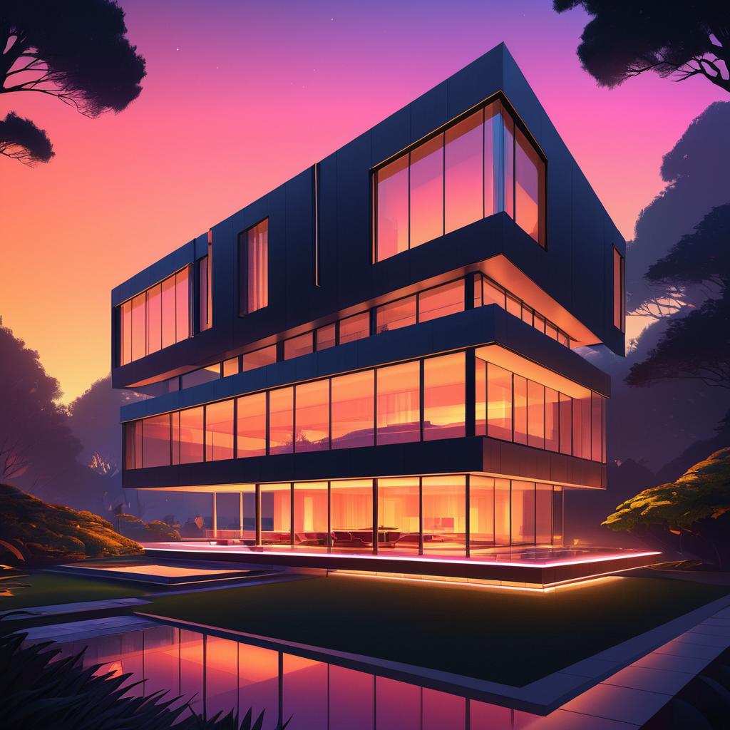 Luxurious Brutalist House at Sunset