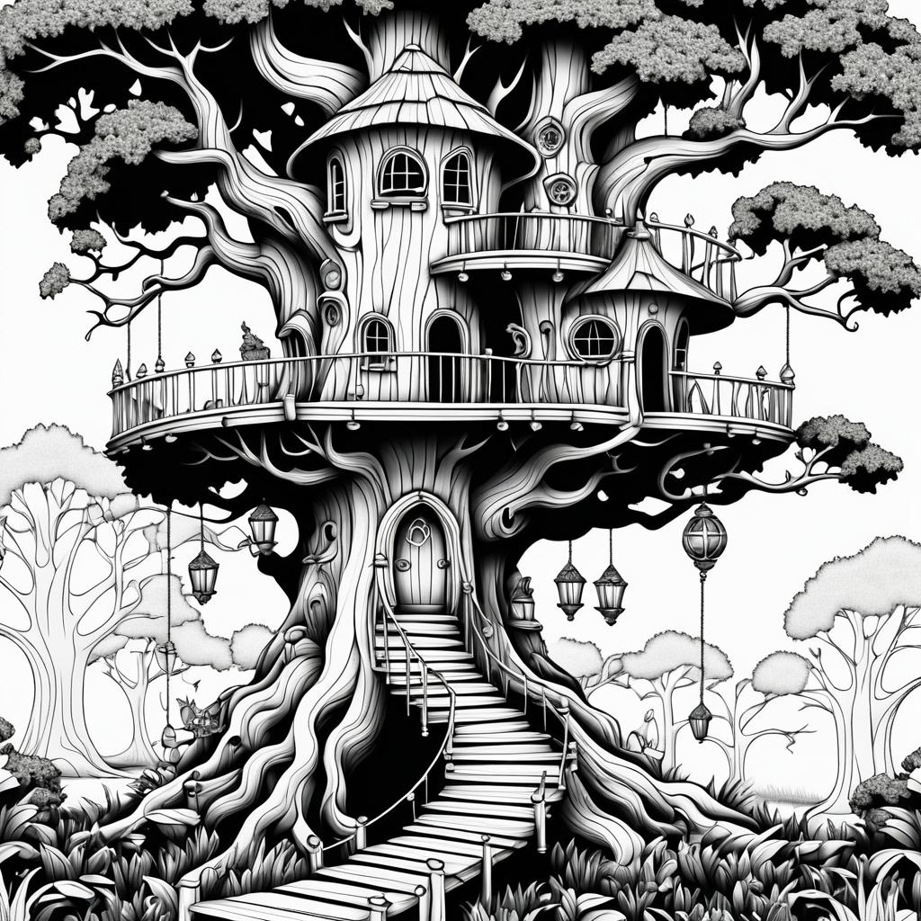 Intricate Treehouse Skull Coloring Page