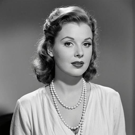 Black-and-white photograph of a 1940s-style woman with wavy hair, wearing a pearl necklace and a white blouse, looking slightly to the