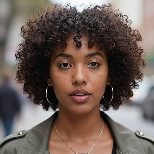 Photograph of a young Black woman with dark curly hair, hoop earrings, subtle makeup, green jacket, and gold necklace, standing in a blurred urban