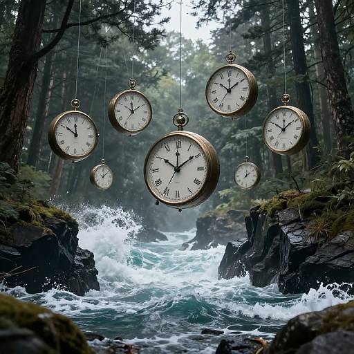 Surreal Clocks Floating in Forest over Ocean Waves