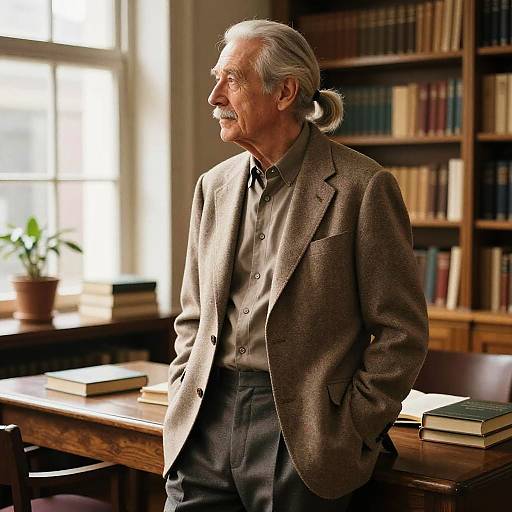 Photograph of an elderly man with white hair in a bun, wearing a brown blazer and gray shirt, standing in a sunlit library with book