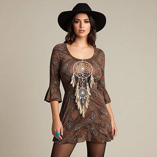 Photograph of a woman with dark wavy hair wearing a black wide-brimmed hat, brown patterned dress with white dreamcatcher pendant,
