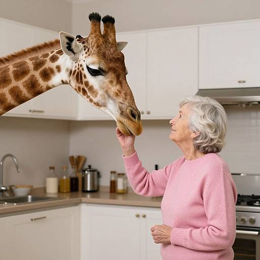 Photograph of an elderly woman with short white hair, wearing a pink sweater, gently touching the nose of a giraffe in a modern, white kitchen