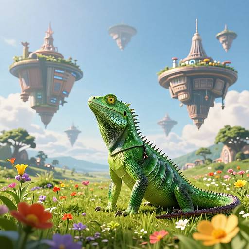 Digital art: Bright green iguana with spines stands in colorful meadow, with floating, whimsical, fairy-tale-like houses in blue