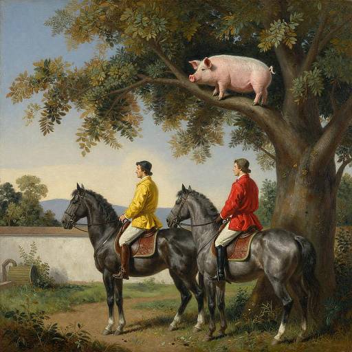 Two Riders Beneath Pig-Perched Tree