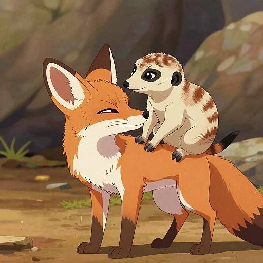 Digital illustration of a smiling fox with orange and white fur, standing as a meerkat with brown and black stripes perches on its back in a