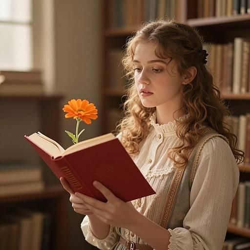 Photograph of a young woman with curly brown hair, wearing a cream blouse and brown apron, reading a red book in a sunlit library,