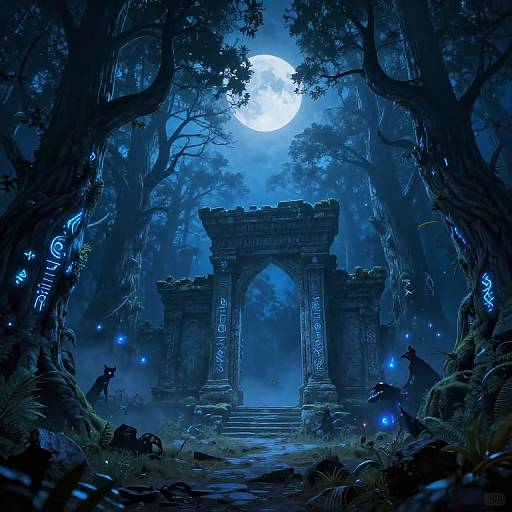 Digital artwork: Moonlit, mystical forest with glowing blue fireflies, ancient, ruined stone archway, tall trees, ethereal light, and two