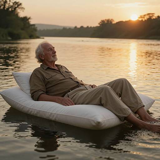Photograph of an elderly white man with gray hair, wearing a brown shirt and beige pants, relaxing on a white pillow in a calm lake at sunset