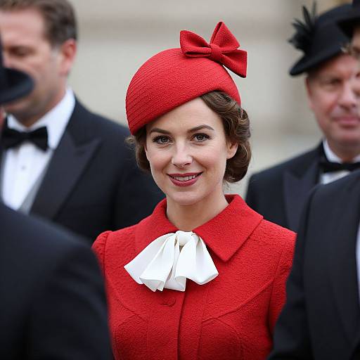 Photograph of a smiling woman in a vibrant red hat and coat with a white bow, surrounded by men in black tuxedos.