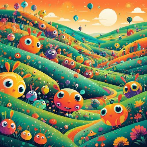 Colorful Fantasy Creatures on Rolling Hills