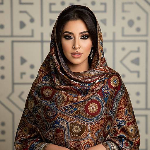 Photograph of a young South Asian woman with dark hair, wearing a colorful, patterned shawl, nose ring, and bold makeup, against a