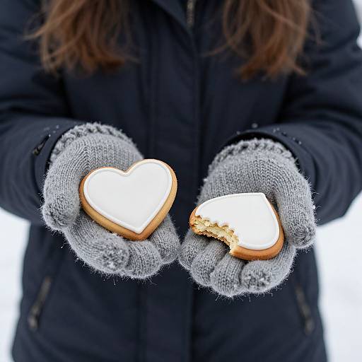 Photograph of a person in a black coat and gray gloves holding two heart-shaped cookies with white icing, one slightly bitten.