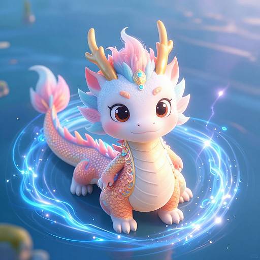 Cute digital art of a white and pink dragon with large eyes and small antlers, surrounded by glowing blue magical circles in water.