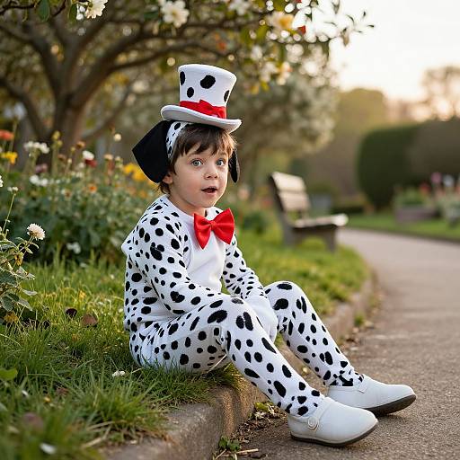Photograph of a young boy in a Dalmatian costume with a top hat, red bowtie, and white shoes, sitting on a garden