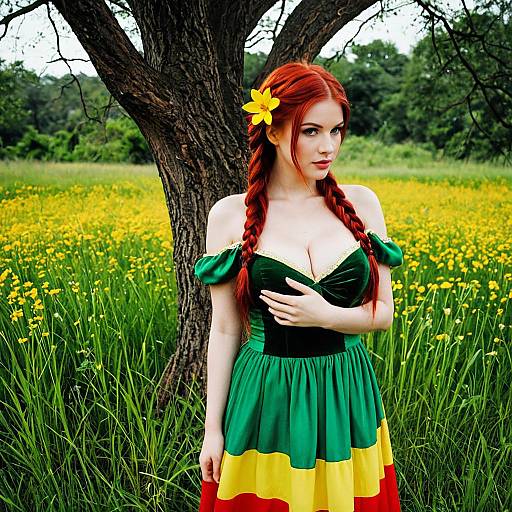 Red-haired Woman in Multicolored Dress with Yellow Flower