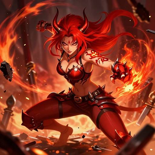 Digital artwork of a fierce, red-haired demon woman with horns, wielding fire, wearing black spiked armor and shorts, amidst a fiery battlefield.