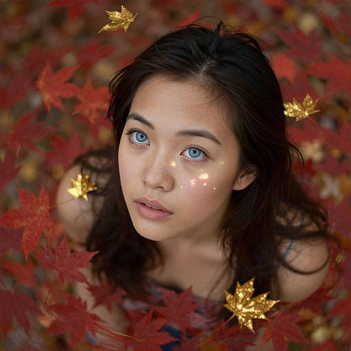 Photograph of an Asian woman with blue eyes, dark hair, and glowing face spots, surrounded by red and gold autumn leaves.
