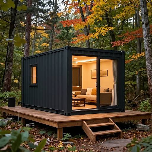 Photograph of a black, modern tiny house on a wooden platform in a forest, with warm interior lighting, autumn leaves, and tall trees in the