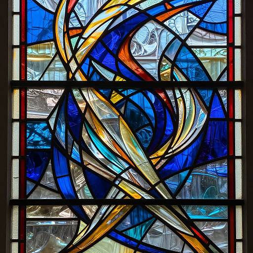 Vibrant stained glass window featuring abstract swirls of blue, red, yellow, and white glass pieces, with black lead lines.