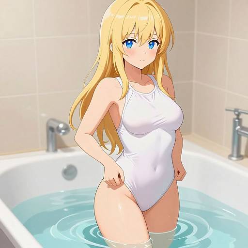 Anime-style digital artwork of a blonde girl with blue eyes, wearing a white, wet one-piece swimsuit, standing in a bathtub filled with clear water