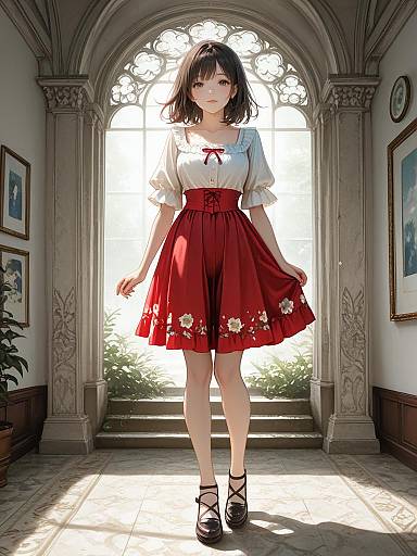 Anime-style digital drawing of a cute young woman with short black hair, wearing a white blouse and red floral skirt, standing in a sunlit, orn