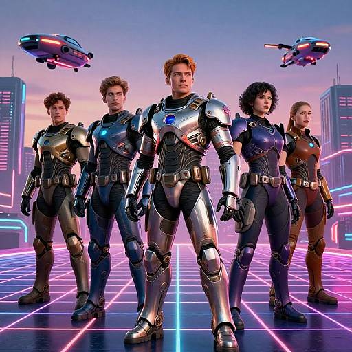 CGI image of five superheroes in silver and black armor standing on a neon-lit grid, with two flying drones in the sunset sky. Bold,
