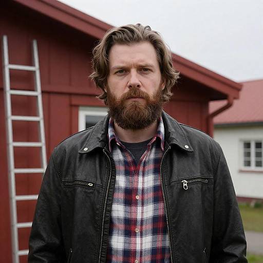 Bearded Man in Leather Jacket Outdoors