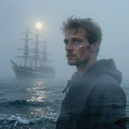 Photograph of a wet, blue-eyed, bearded man in a dark hoodie, standing in foggy ocean waves, with a sunlit, large